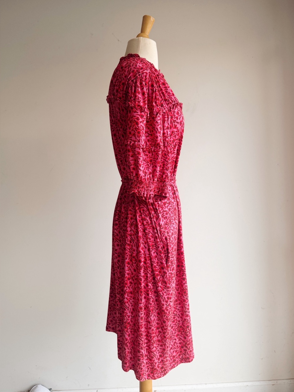Boden Yoke Detail Jersey Midi Dress Pink Floral Puff Sleeve Size 16/18 - Picture 3 of 7